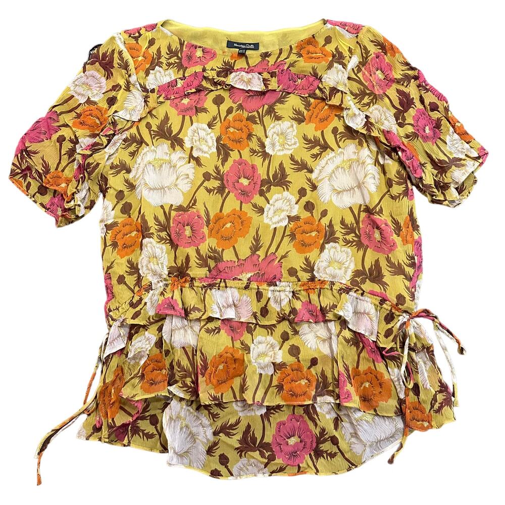 Massimo Dutti chartreuse floral blouse with ruffles Size US 4